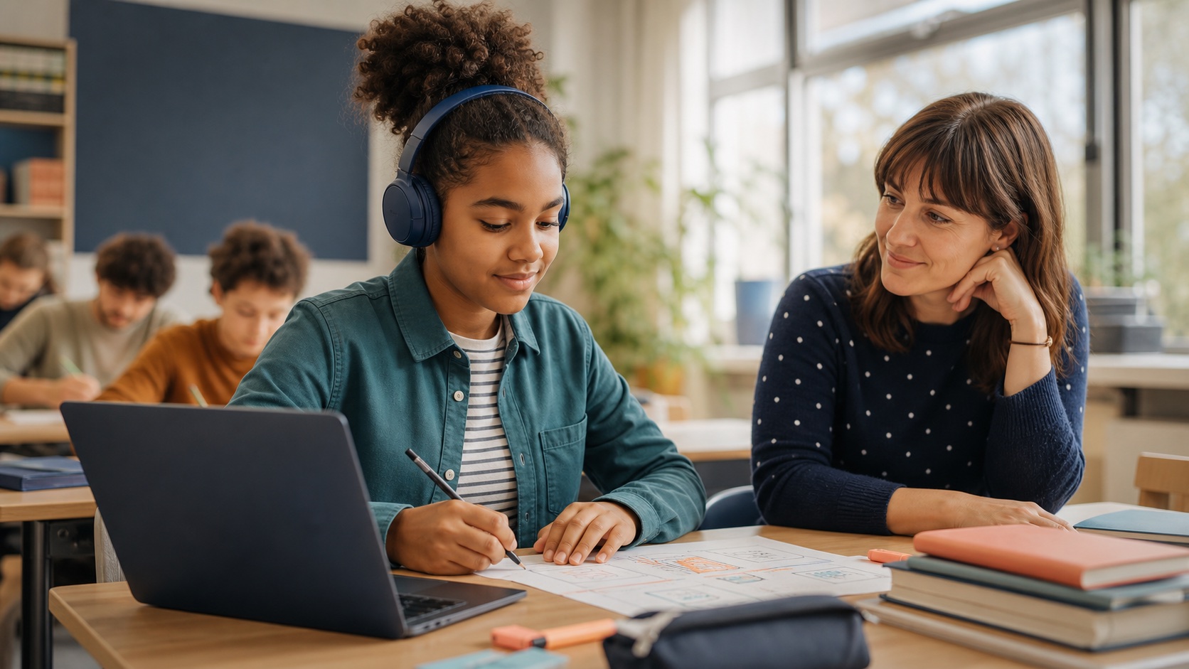 Student using an accessible digital support while a teacher observes the student's own work