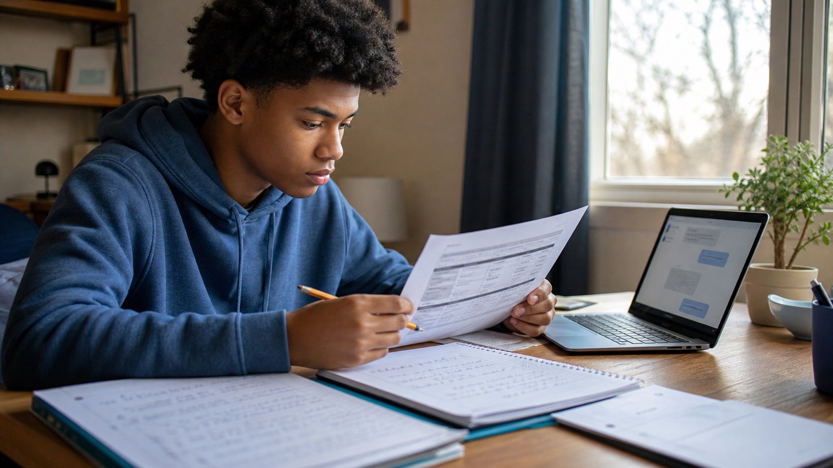 High school student comparing an assignment sheet with a handwritten draft before using AI