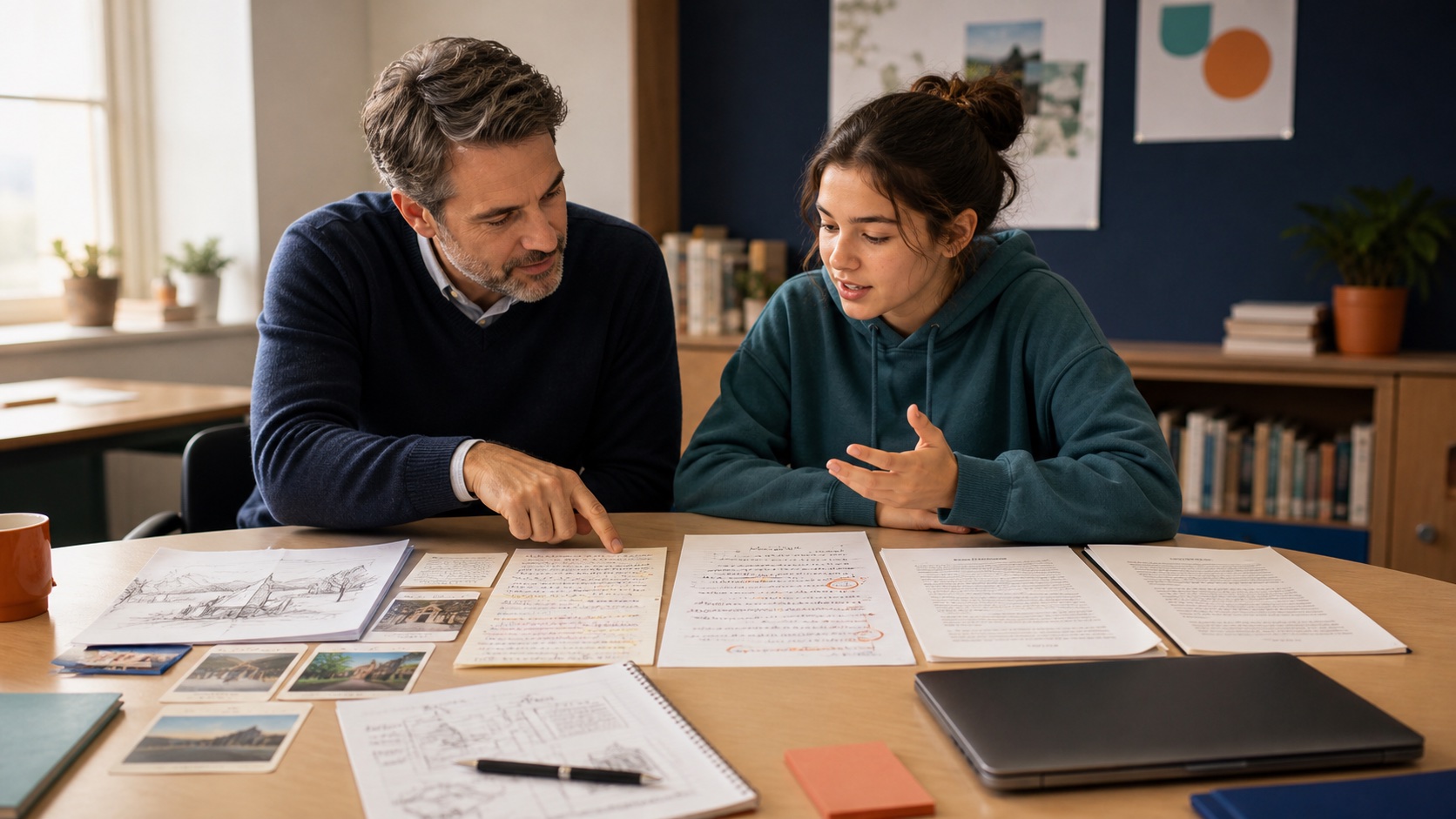 Teacher and student reviewing drafts, notes and decisions from an assignment process