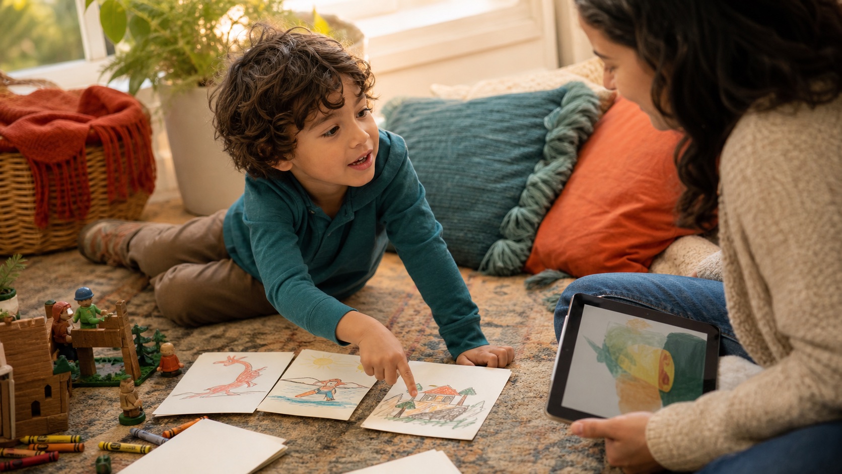Young child arranging hand-drawn story cards while a parent operates a tablet at the edge of the table
