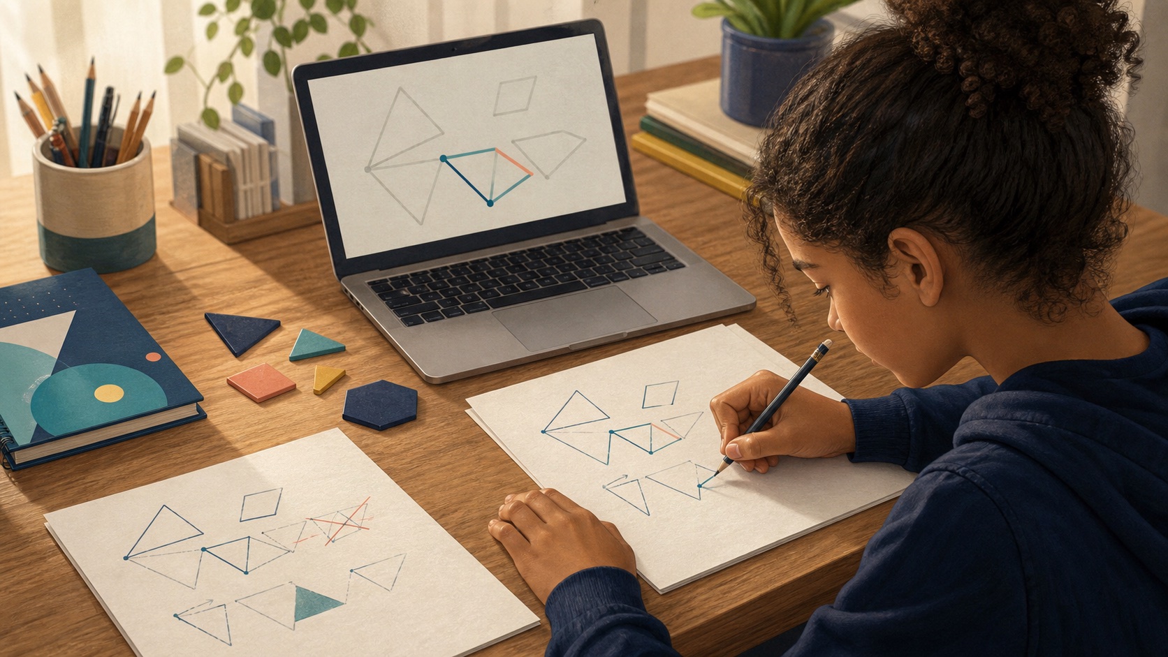 Student revising a handwritten solution after receiving one small question from a restrained laptop interface