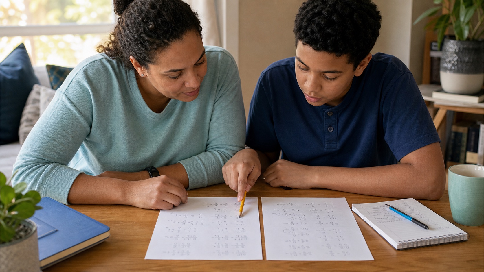 Student and parent calmly comparing two handwritten math attempts to find the first different step