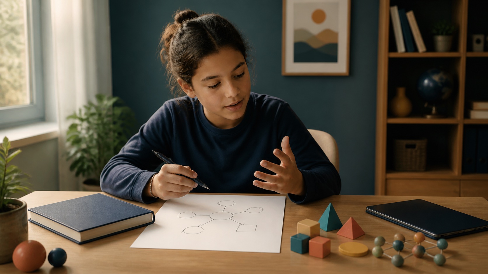 Student explaining a problem from memory with a closed book and an unused device nearby