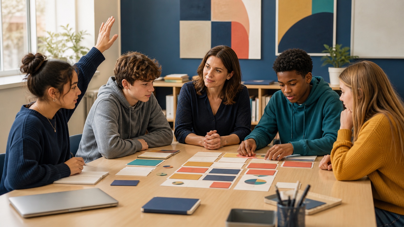 Teacher and students discussing a short classroom AI agreement together