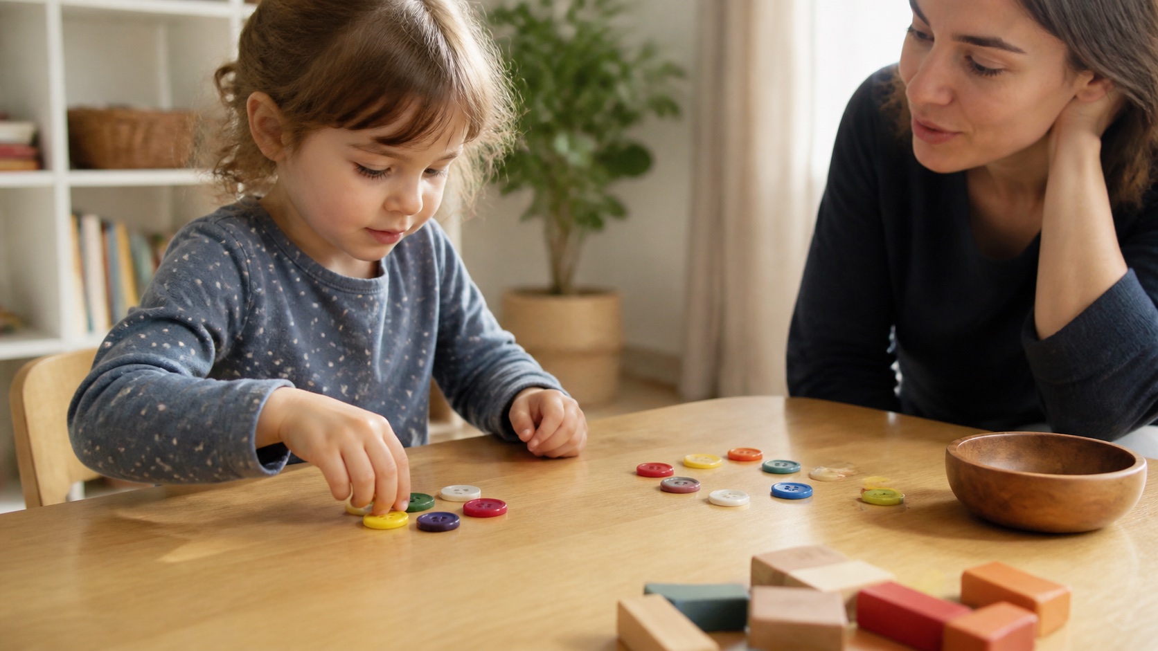Preschool child arranging buttons into two different groups while an adult asks a quantity question