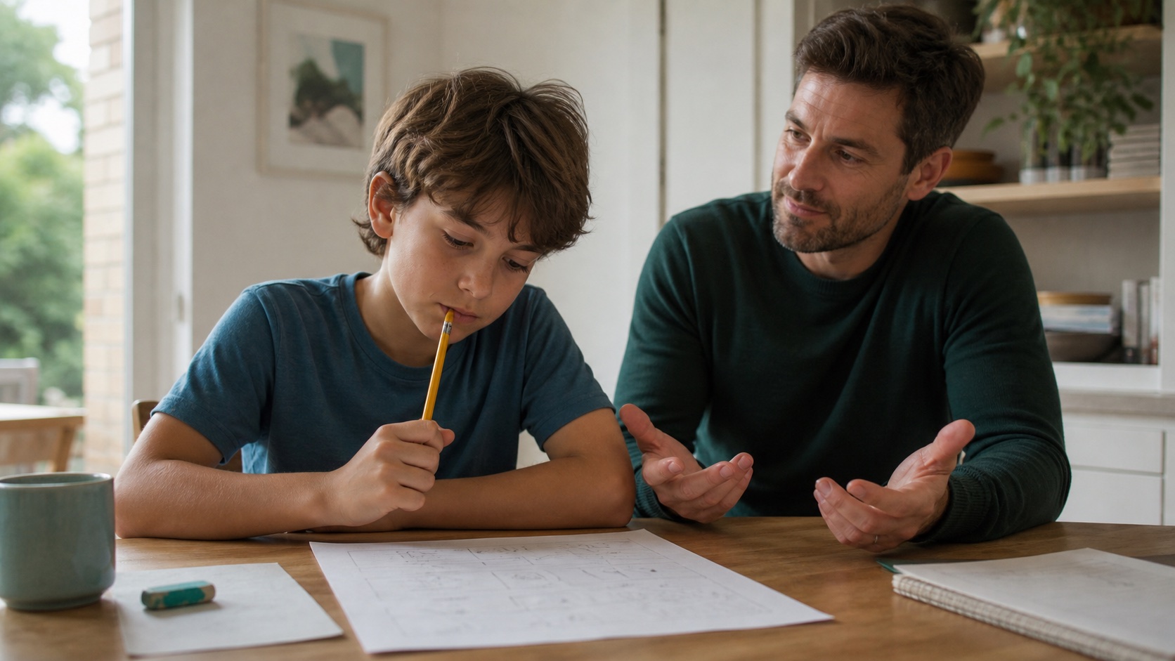 Student pausing at a challenging assignment while an adult waits calmly without taking over