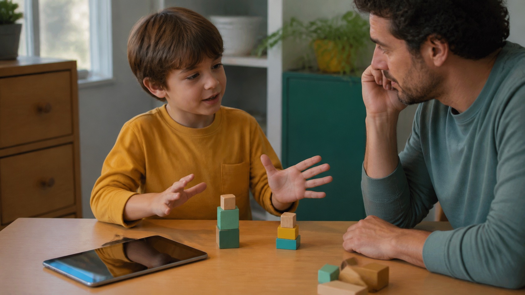 Child applying a tablet math activity to physical blocks while a parent observes the transfer