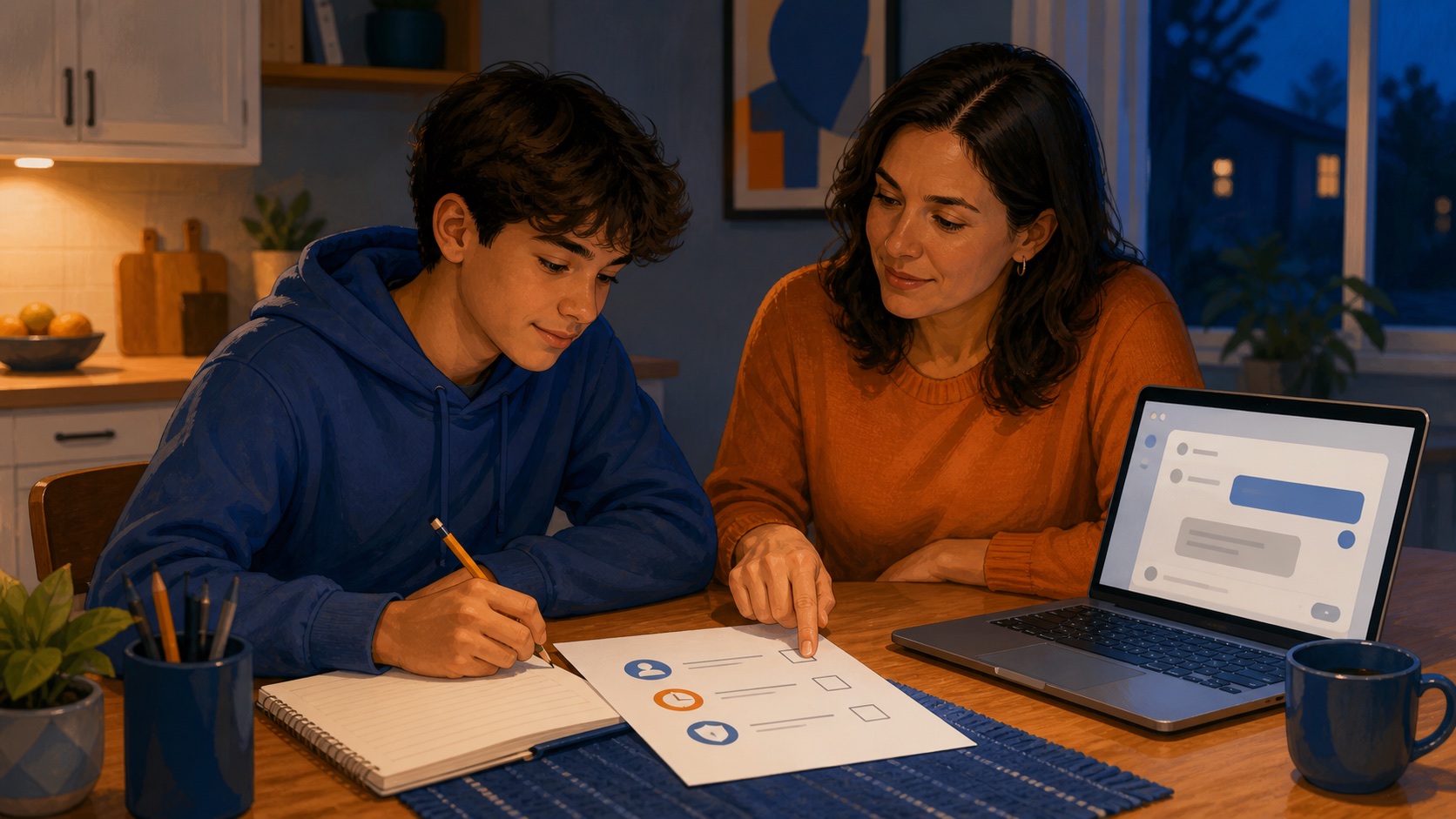 AI Homework Rules for Parents: Govern the Hand-Off, Not the Screen Time editorial illustration