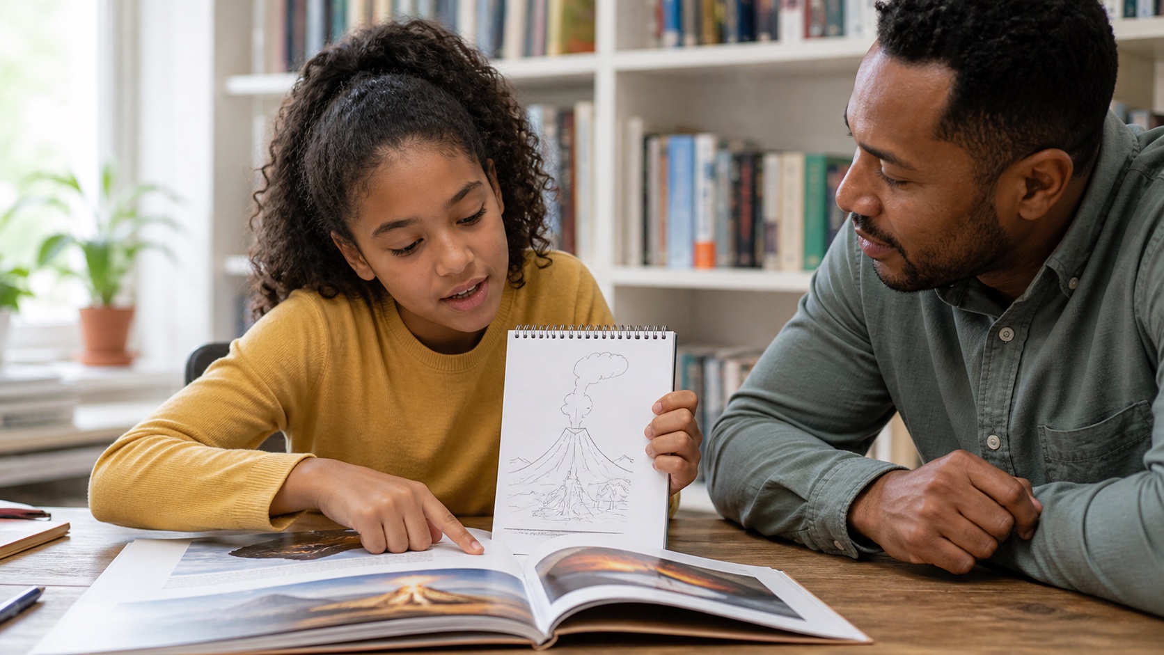 Child pausing over a book while an adult uses a sketch and conversation to explore meaning