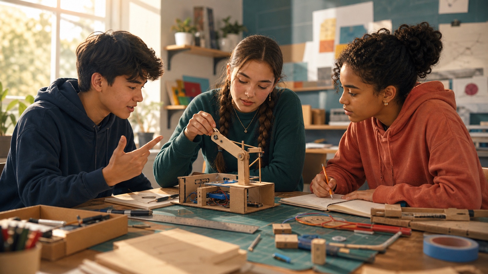 Students explaining and testing a collaborative hands-on project