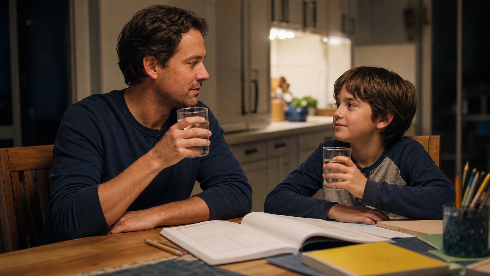 Parent and child taking a calm pause from homework with pencils resting on the table