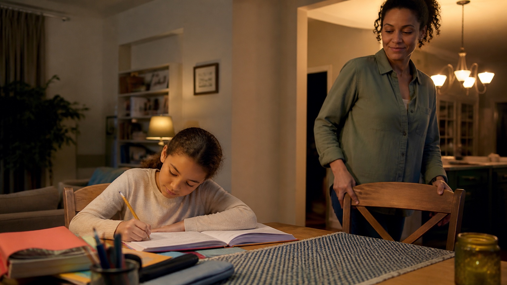 Parent stepping back while a child continues homework independently at a shared table