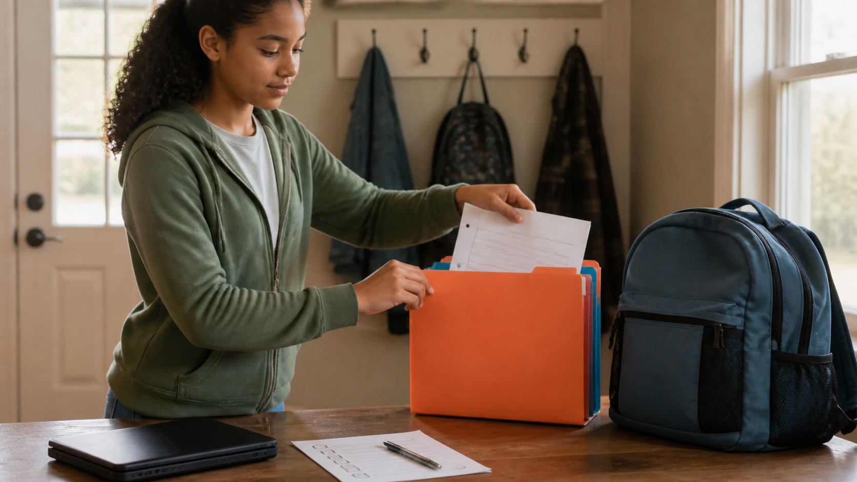 Middle school student placing completed homework into a designated folder beside a packed backpack