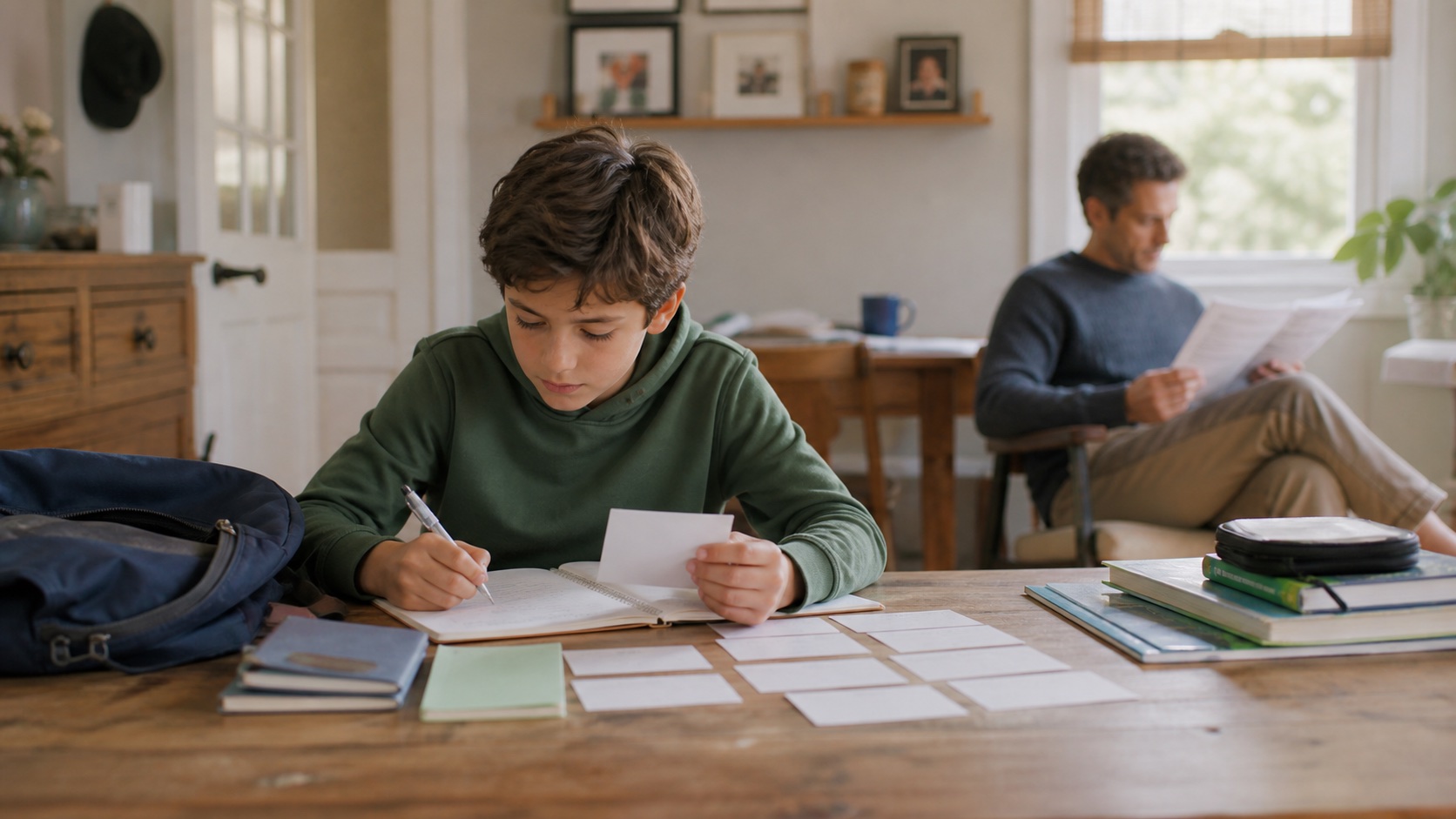 Student independently organizing a study plan while a parent works separately nearby