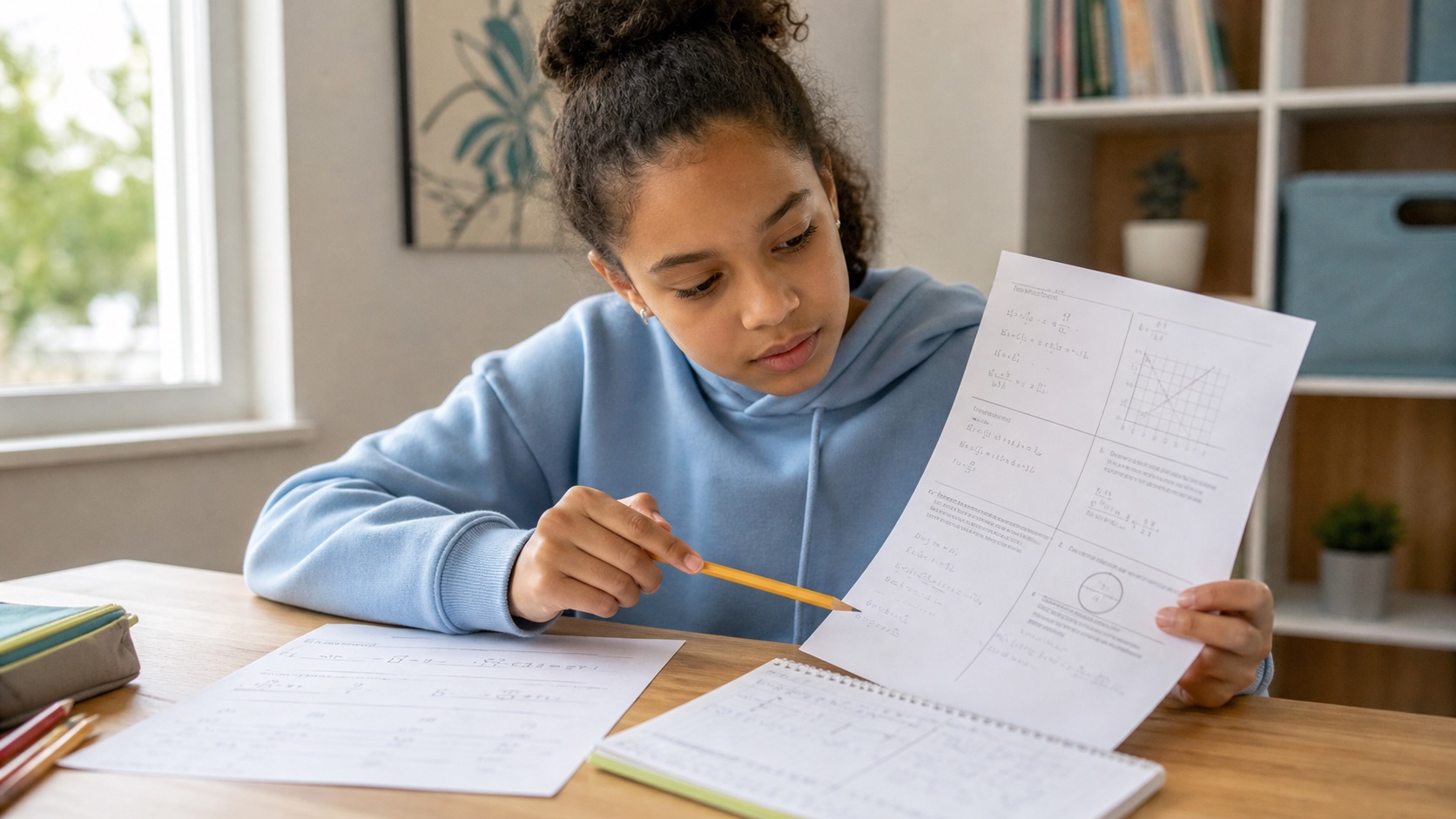 Student comparing an untimed math practice page with a returned test while an adult listens