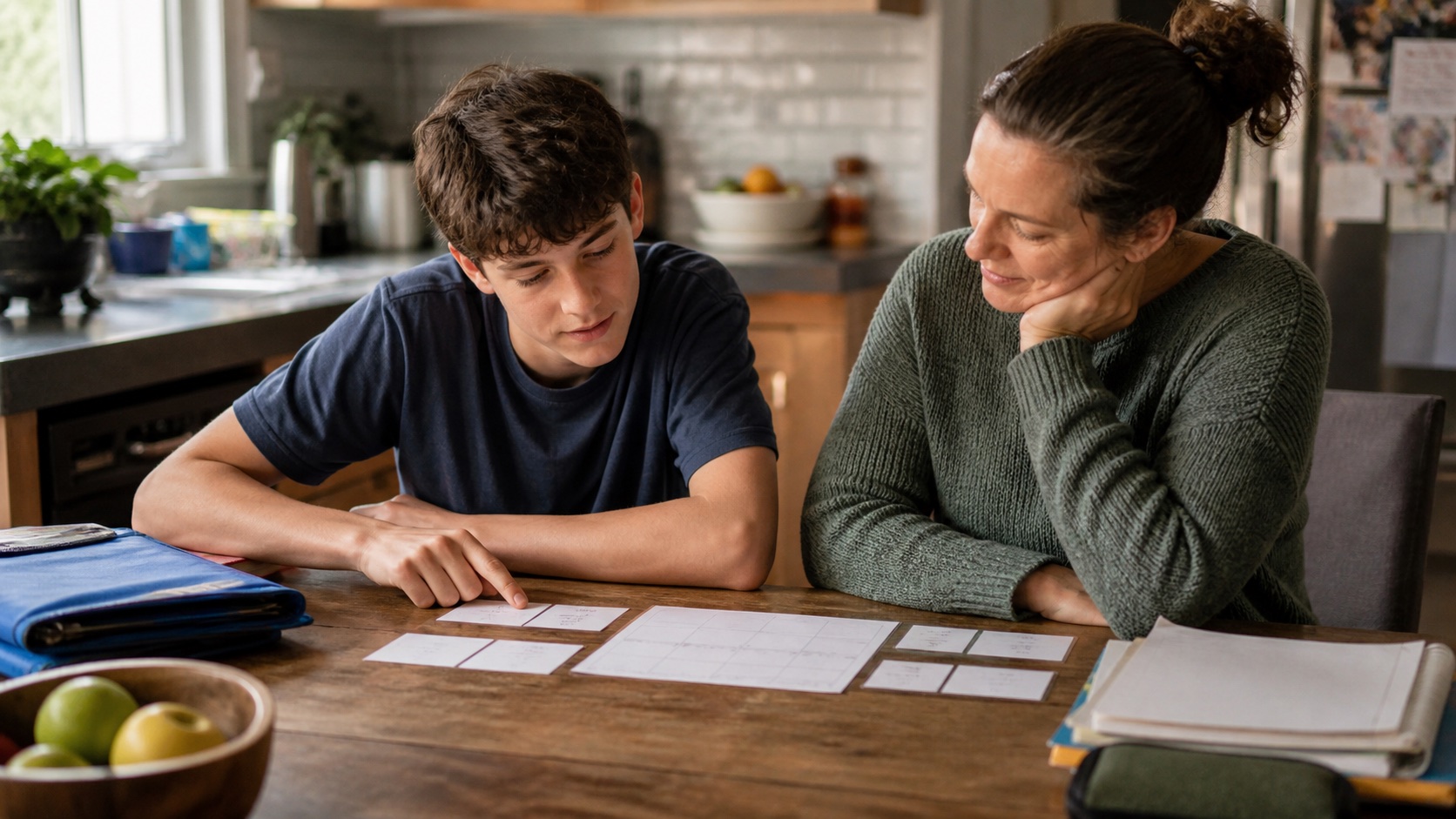 Middle school student and parent reviewing a small weekly school plan together at a kitchen table