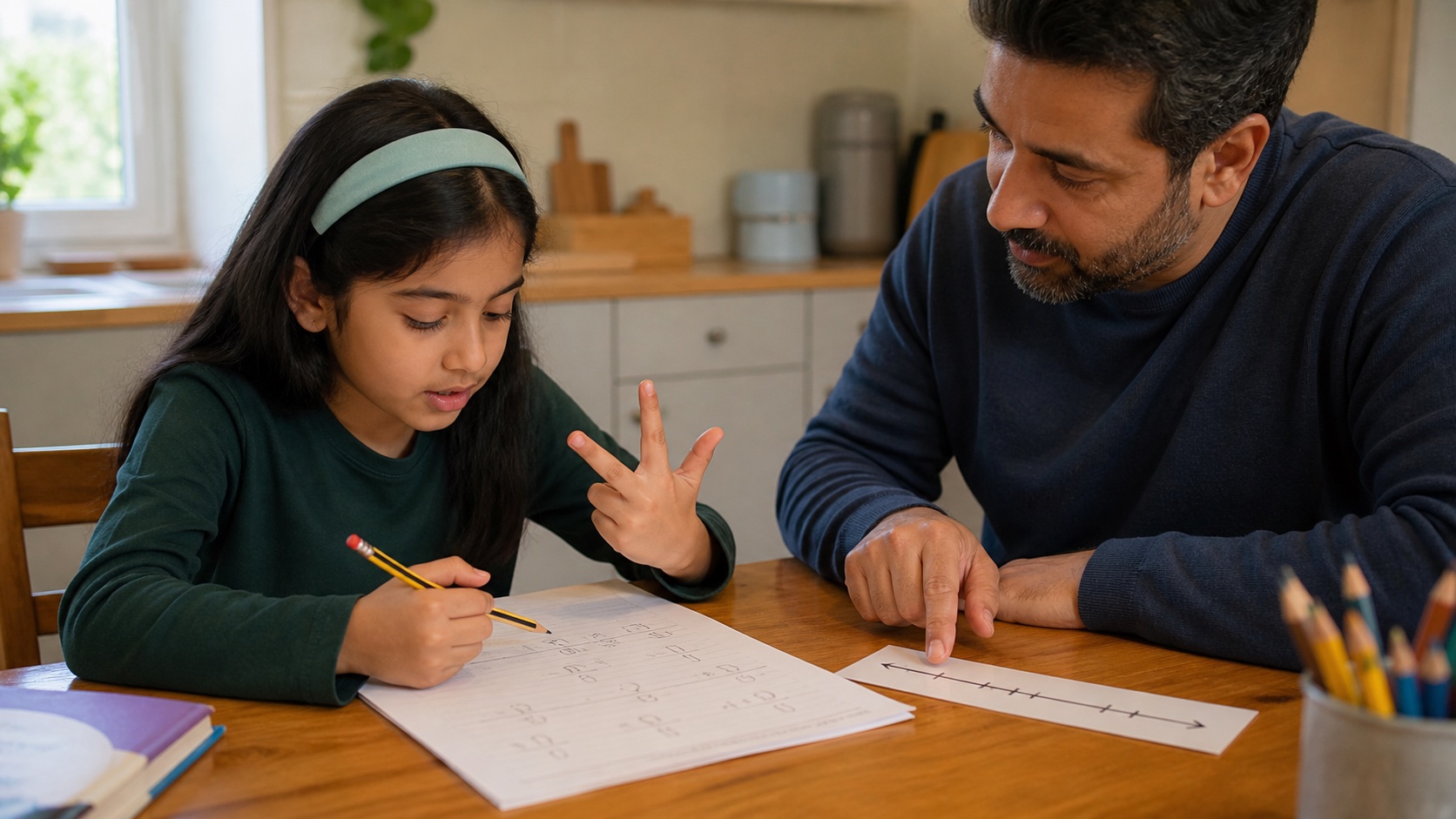 Parent listening while a child explains a handwritten math attempt at the kitchen table