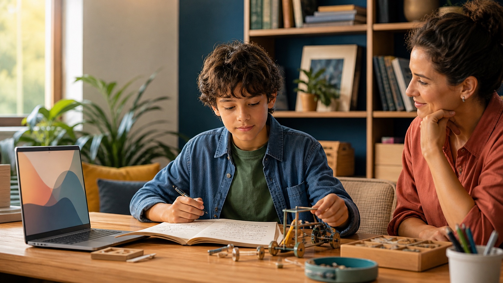 Student combining books, a hands-on project and thoughtful AI use at a study table