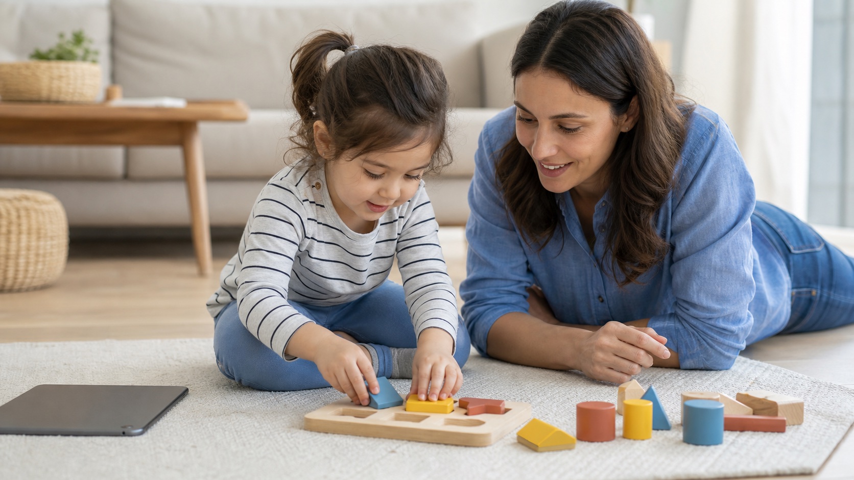 Preschool child and caregiver moving from a short tablet activity to matching physical shapes together