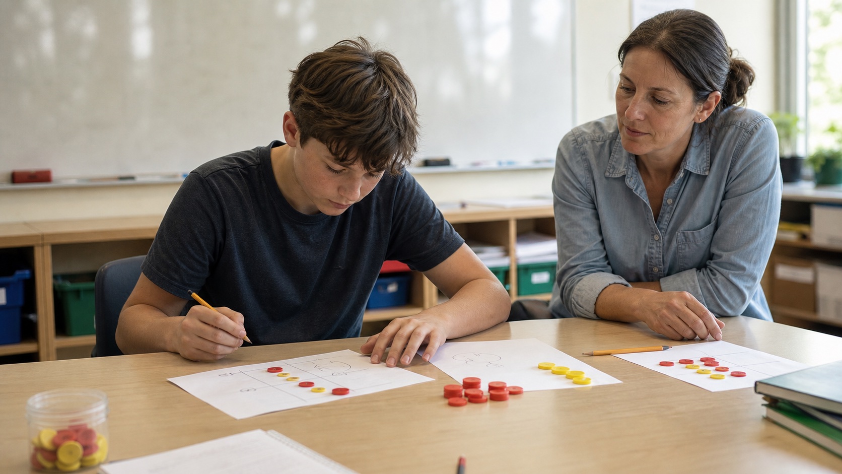 Student testing two possible strategies on paper while a teacher observes from a short distance