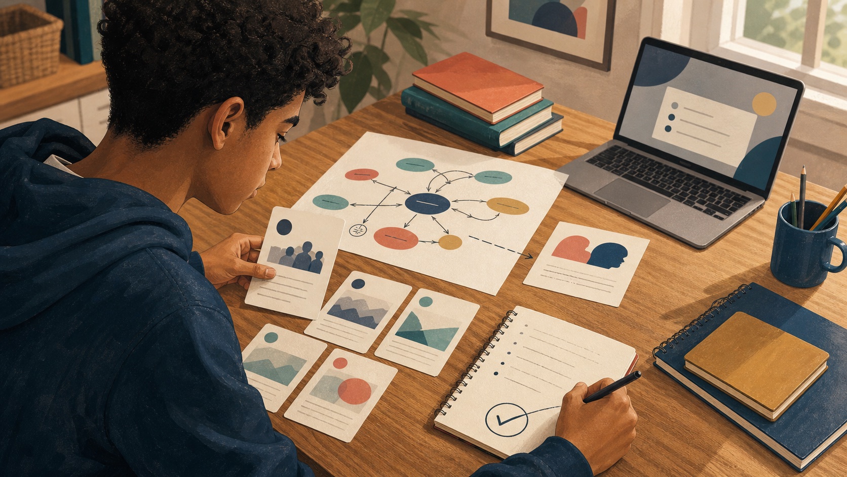 Student comparing source cards, a hand-drawn cause map and a bounded AI suggestion before marking a decision in a notebook