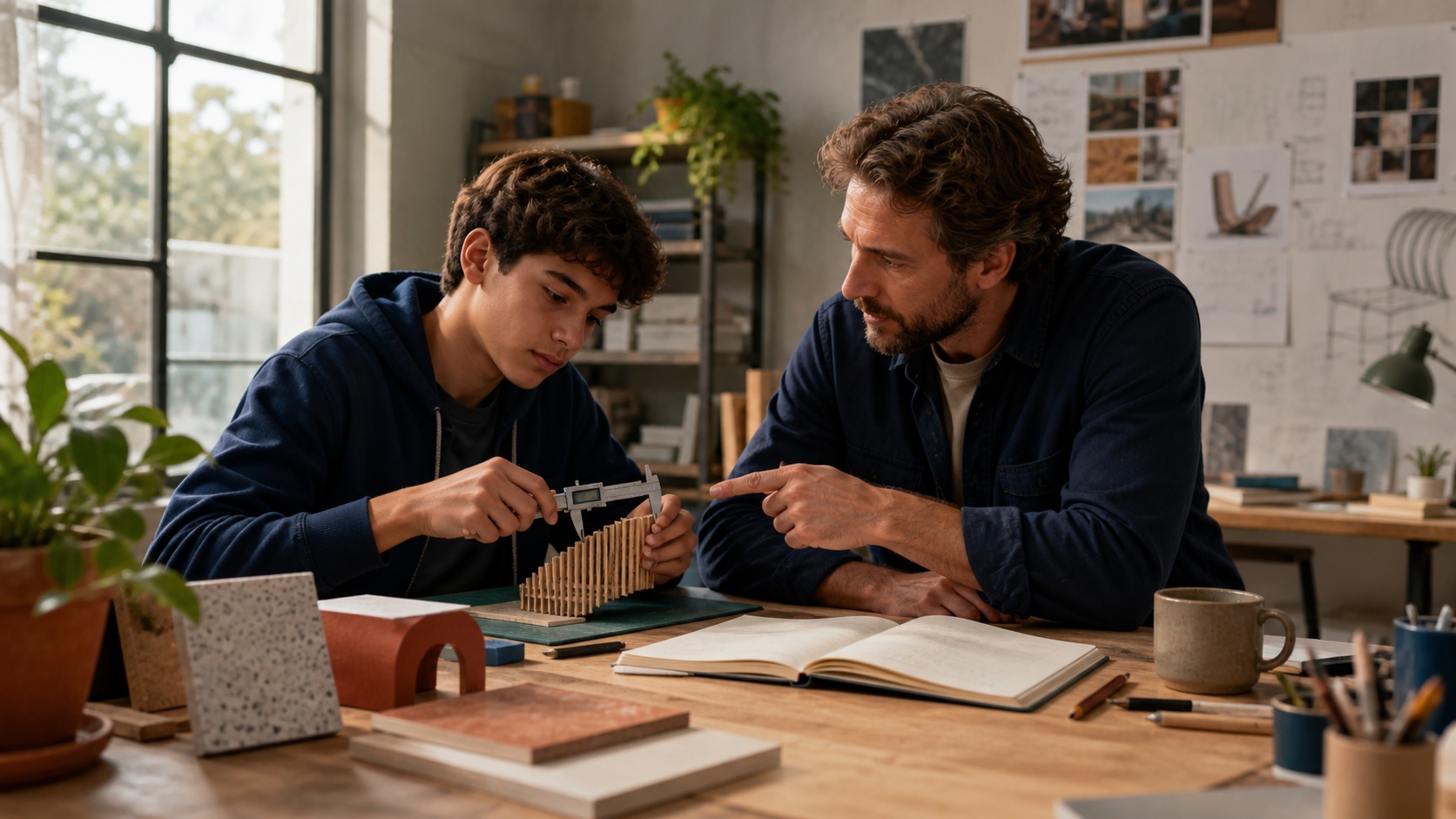Teenager testing a real project while speaking with an adult mentor